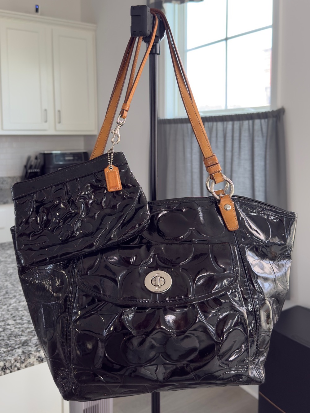 Coach Black Patent Tote with Tan Leather Handles
